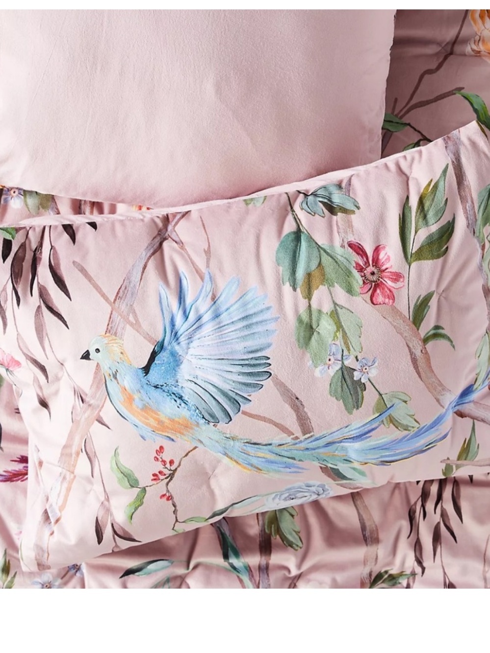Anthropologie pink floral/bird print velvet Josie pillow case set standard sz